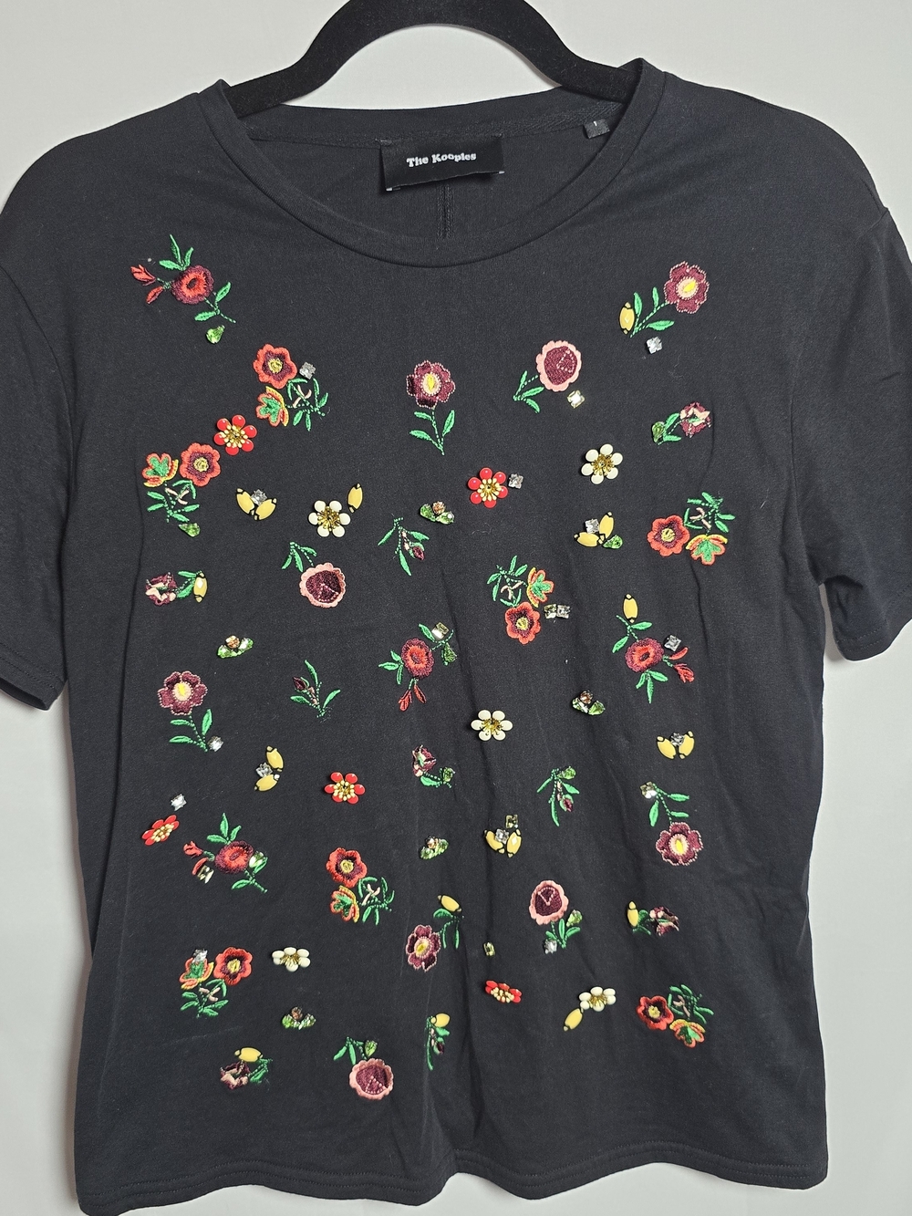 The Kooples Black Floral Embroidered Bejewled Beaded Crewneck Tee Short Sleeve 1